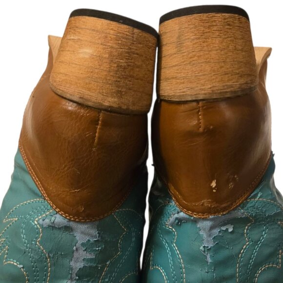 Turquoise and Brown Western Cowboy Boots Ladies Size 8 Synthetic Distressed - Picture 11 of 15